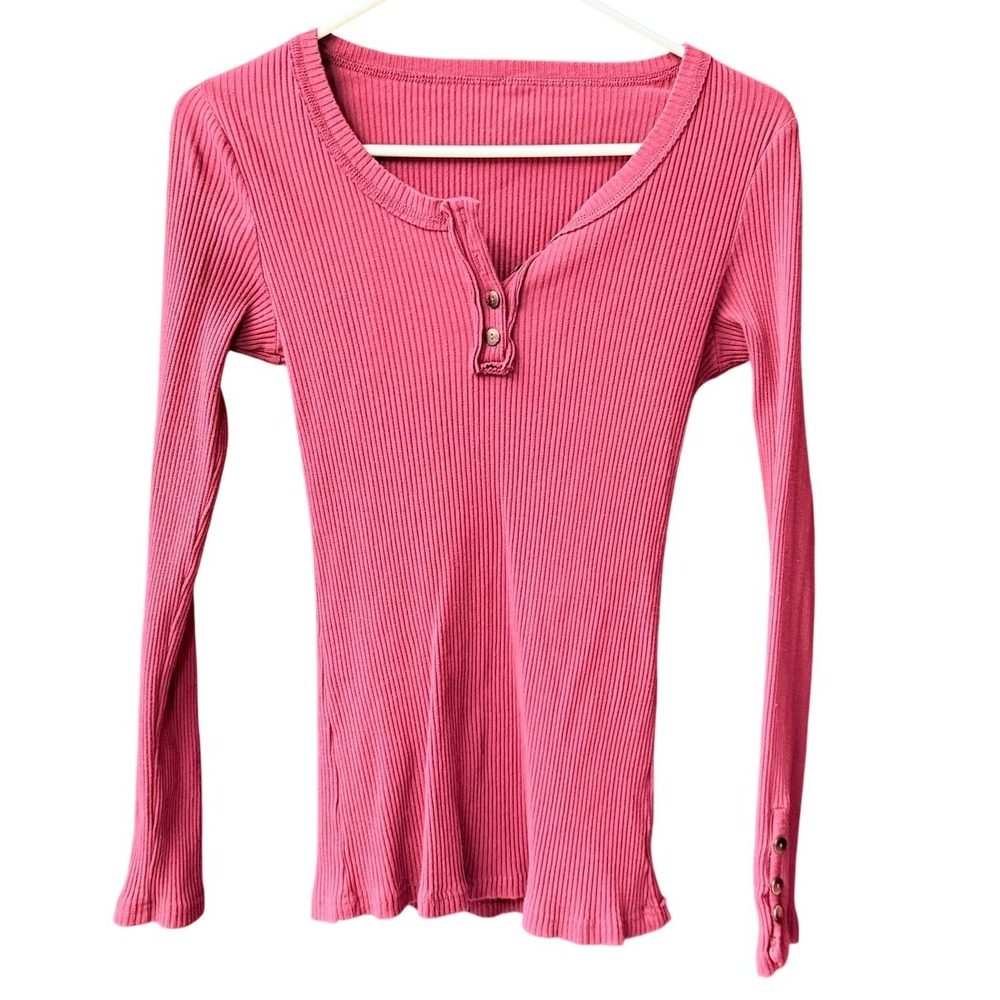 Ribbed Knit Henley Top Womens Small Burgundy Cotton Long Sleeve Button Cuff
